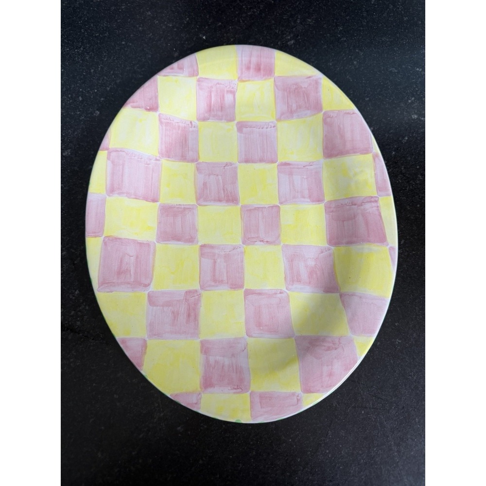 Steve & Laurie Turner Majolica Pink Yellow Checkered Oval Platter 12" M-C Style